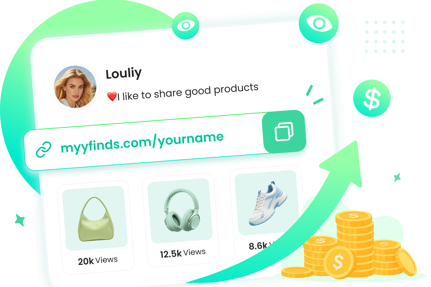 MyyFinds creator dashboard - earn passive income from product views without sales
